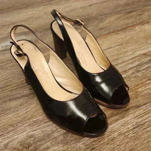 Garolini Black patent leather, leather insole, peeptoe sling back vintage